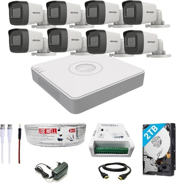HIKVISION 8 Channel DVR with 5 MP 8 Bullet Wired Cameras with Audio Recording
